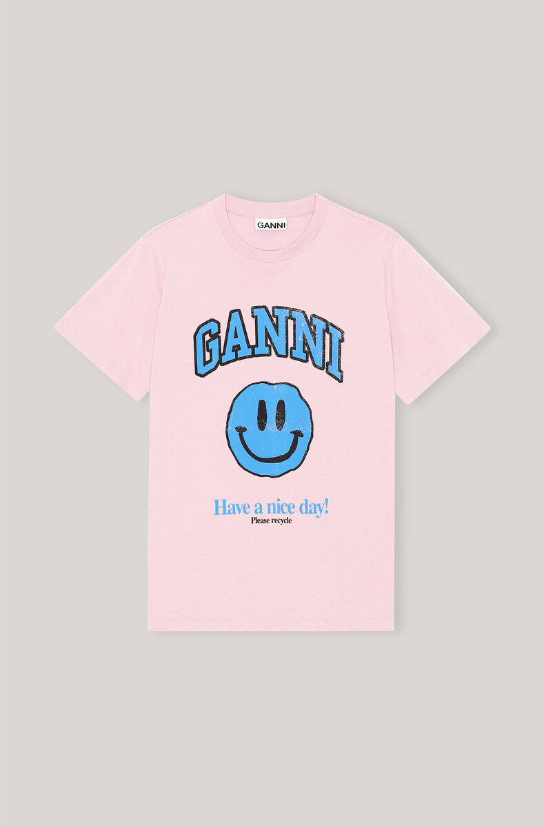 Grafisk T-shirt i ekologisk bomull med smiley, Cotton, in colour Pink Nectar - 1 - GANNI