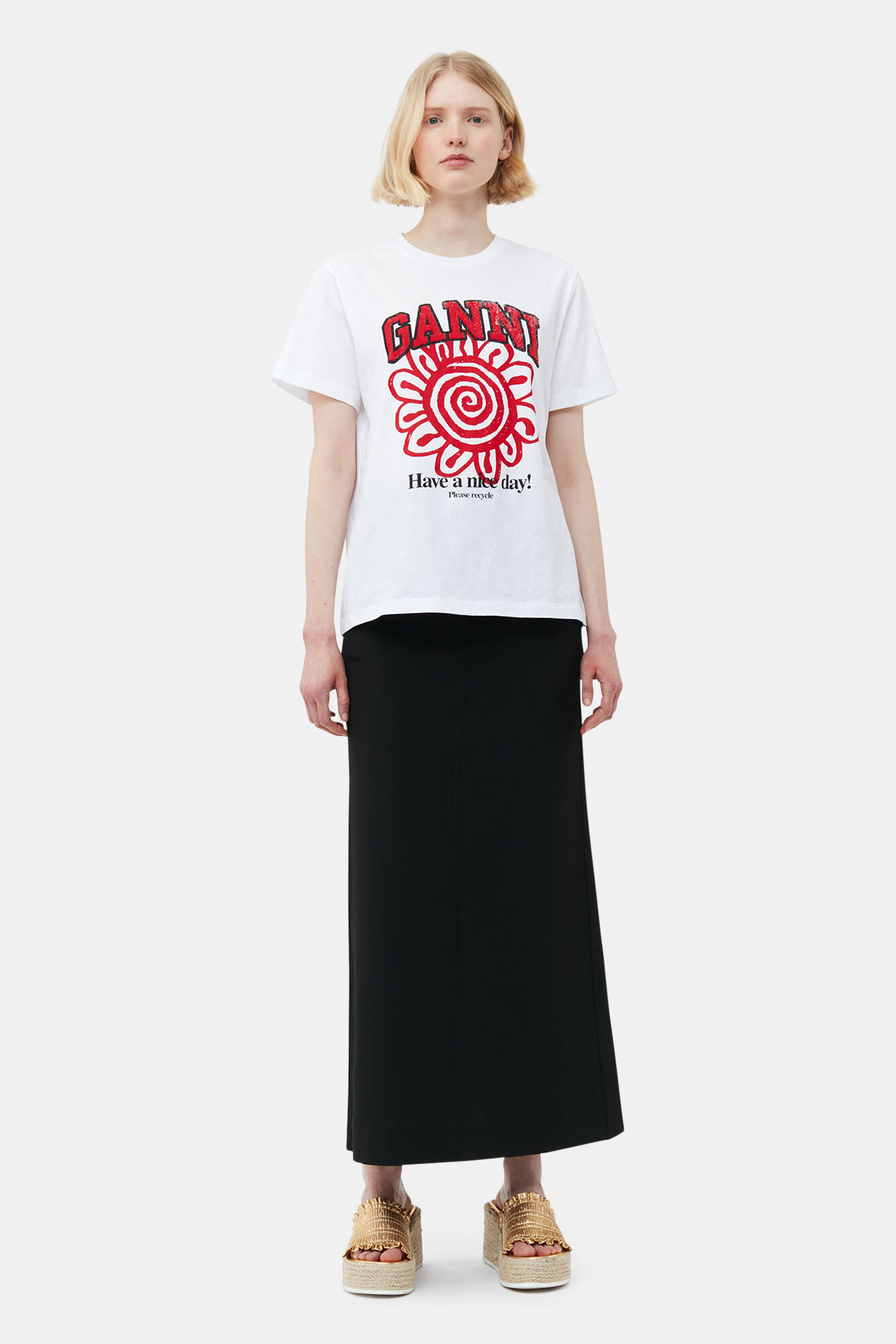 Relaxed Red Flower T-shirt, Cotton, in colour Bright White - 1 - GANNI