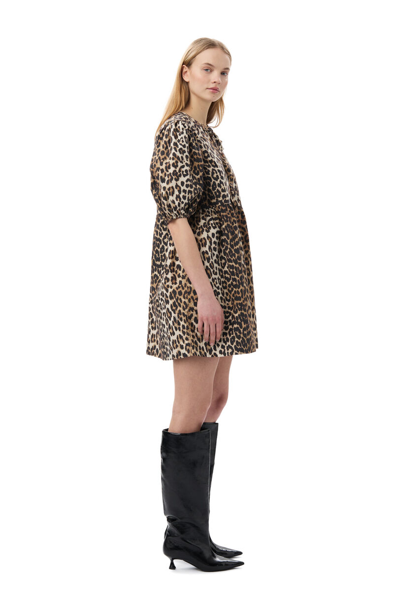 Leopard Printed Cotton Tie String Mini Dress, Cotton, in colour Leopard - 3 - GANNI