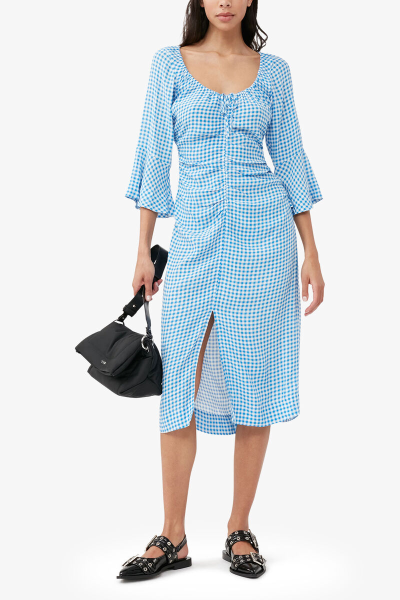 Printed Crepe Gathered U-neck Midi Dress, Viscose, in colour Strong Blue - 2 - GANNI