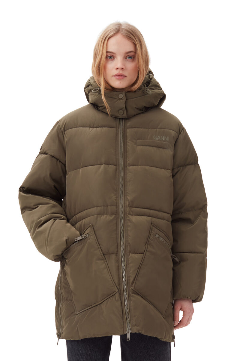 Tech-Puffer-Midi-Jacke mit Oversize-Passform, Recycled Polyester, in colour Kalamata - 1 - GANNI