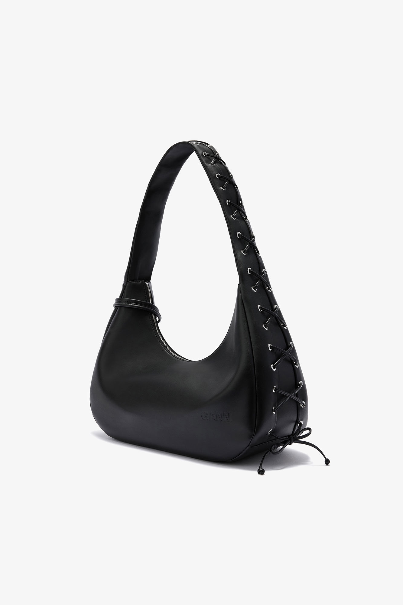 Sort Hobo taske med mellemlange snører, Polyester, in colour Black - 2 - GANNI