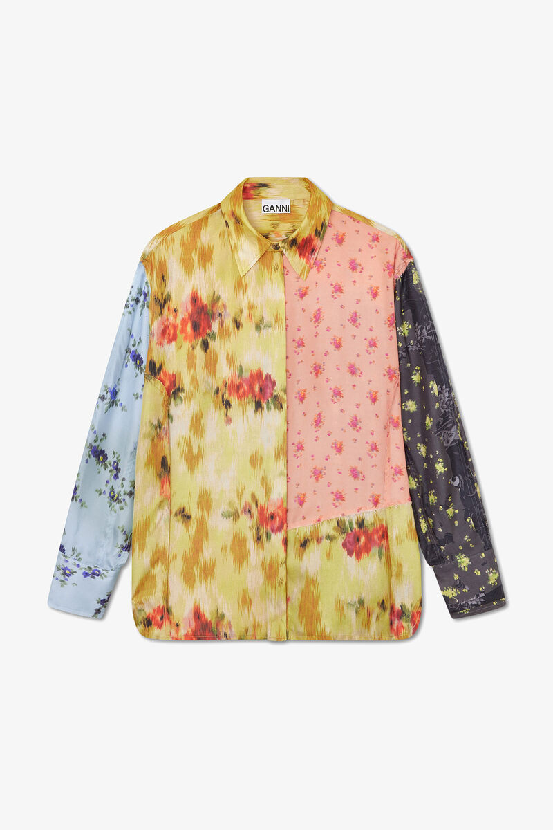 Chemise en soie multi imprim&eacute;e, Organic Wool, in colour Iced Aqua - 1 - GANNI