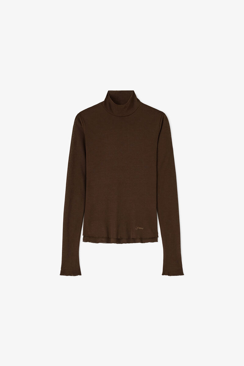 Turtleneck in Marl Mesh, Recycled Polyester, in colour Demitasse - 1 - GANNI