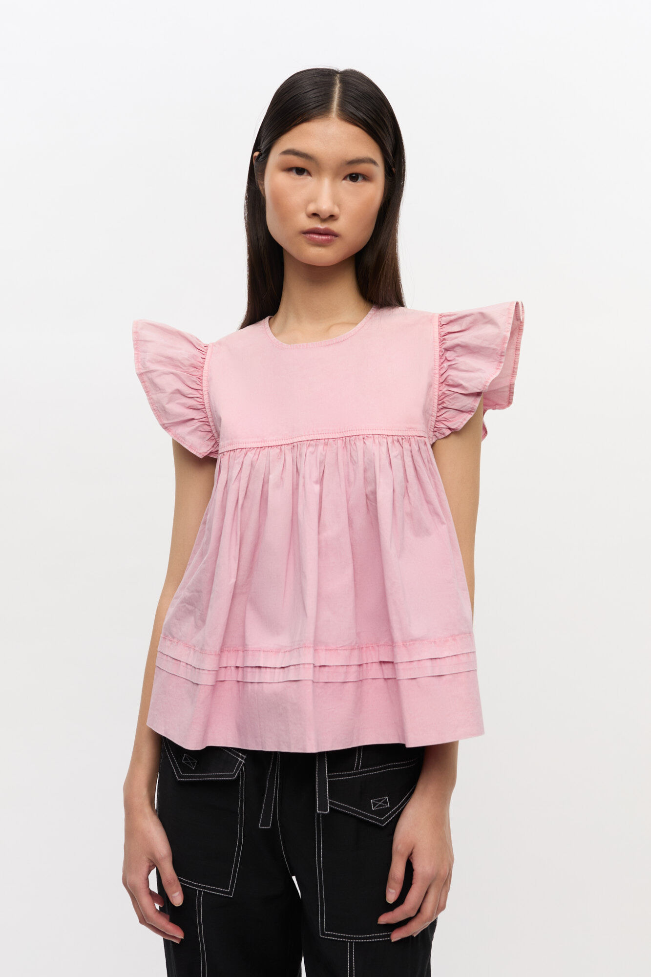 Pink Washed Cotton Top, Elastane, in colour Bleached Mauve - 1 - GANNI