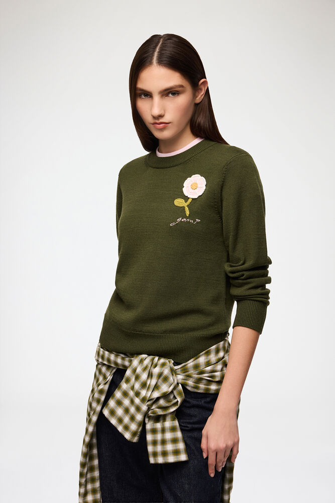 Jumper with Crochet Flower, Dark Green