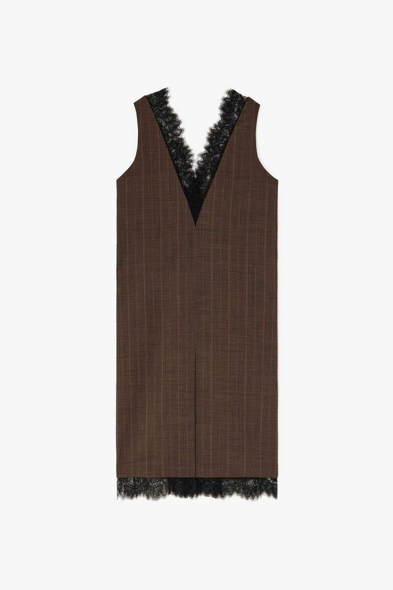 Dress in Brown Pinstripe Wool, Wool, in colour Rain Drum - 1 - GANNI