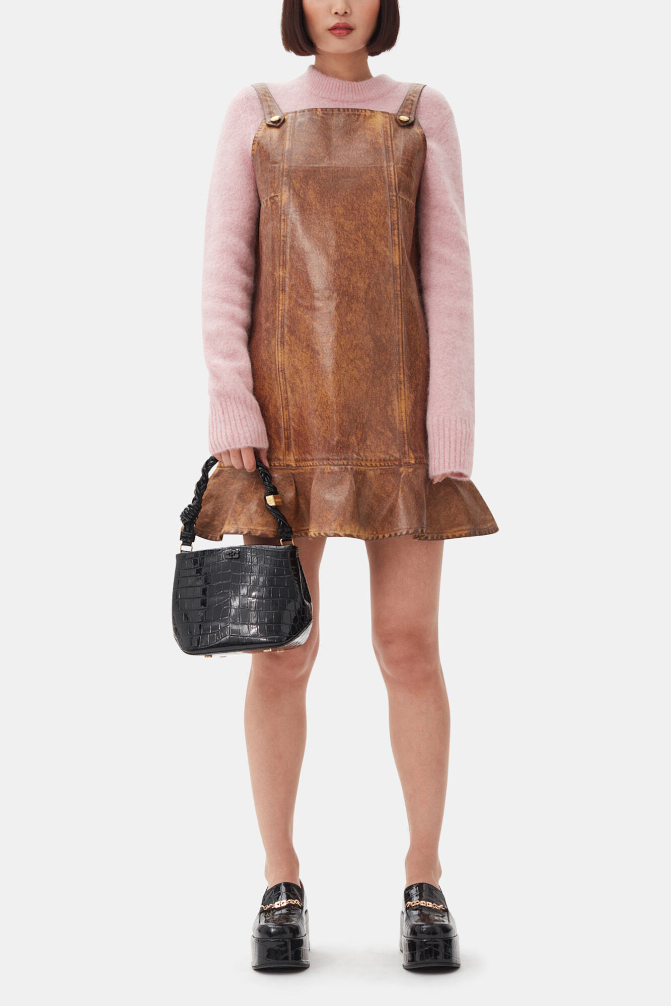 Brown Foil Denim Mini Dress, Organic Cotton, in colour Cognac - 1 - GANNI