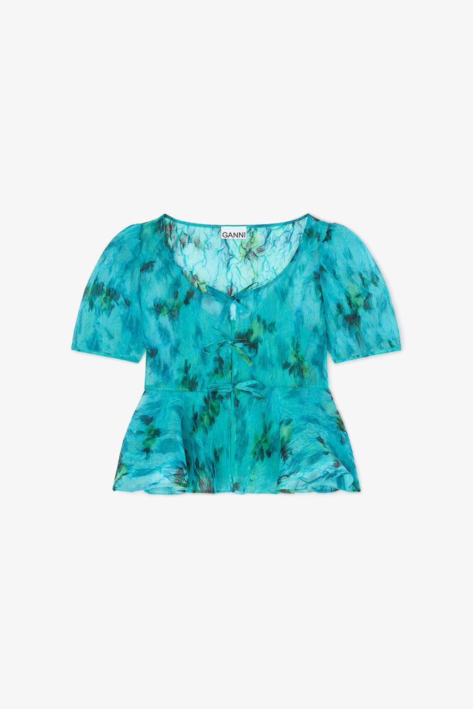 Peplum Blouse in Shibori Organza, Baltic