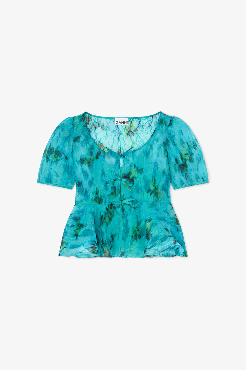 Peplum Blouse in Shibori Organza, Recycled Polyester, in colour Baltic - 1 - GANNI
