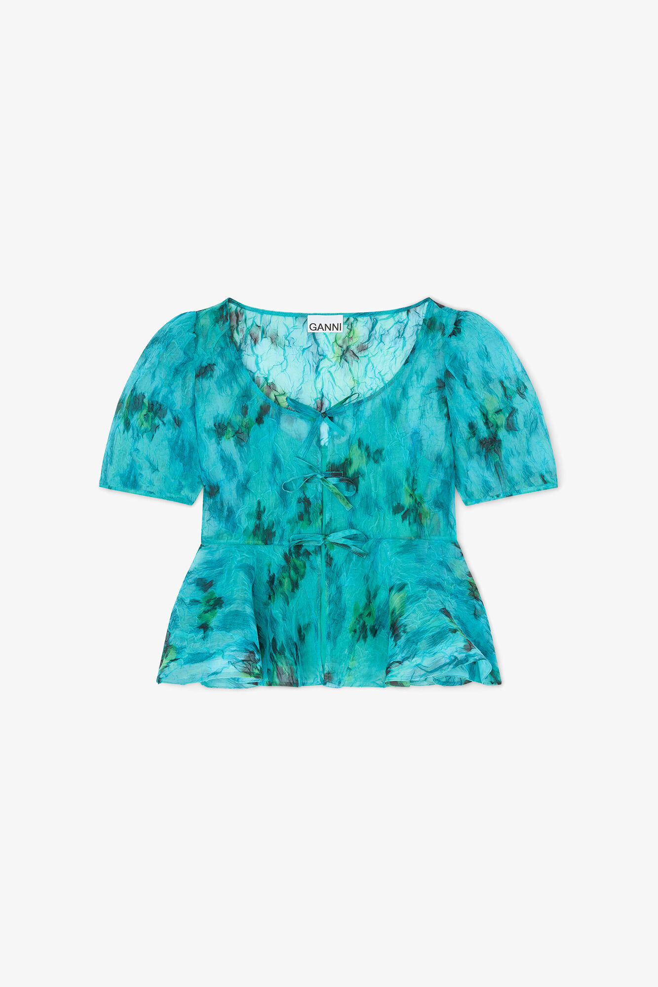 Peplum Blouse in Shibori Organza, Recycled Polyester, in colour Baltic - 1 - GANNI