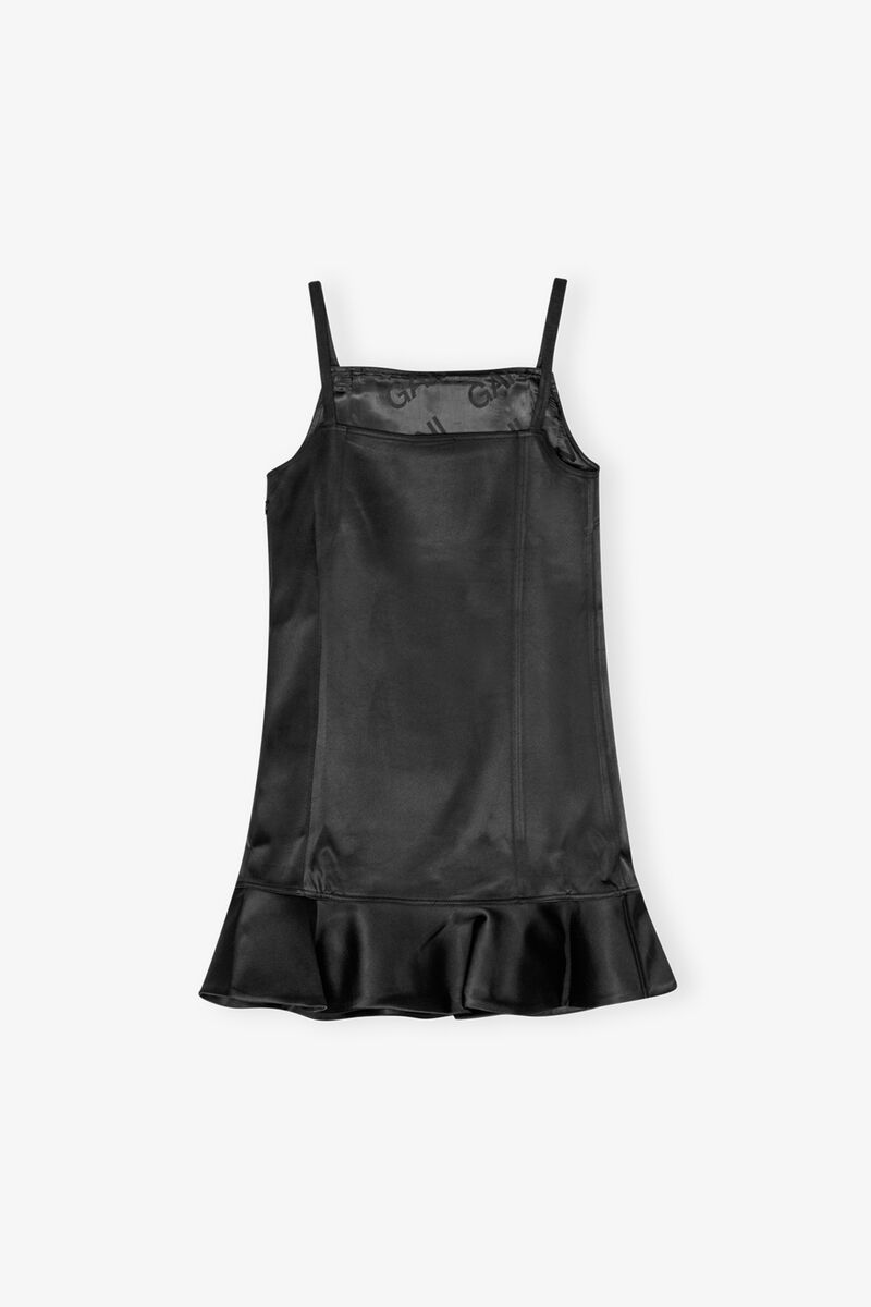 Black Duchesse Satin Mini Dress, Recycled Polyester, in colour Black - 2 - GANNI