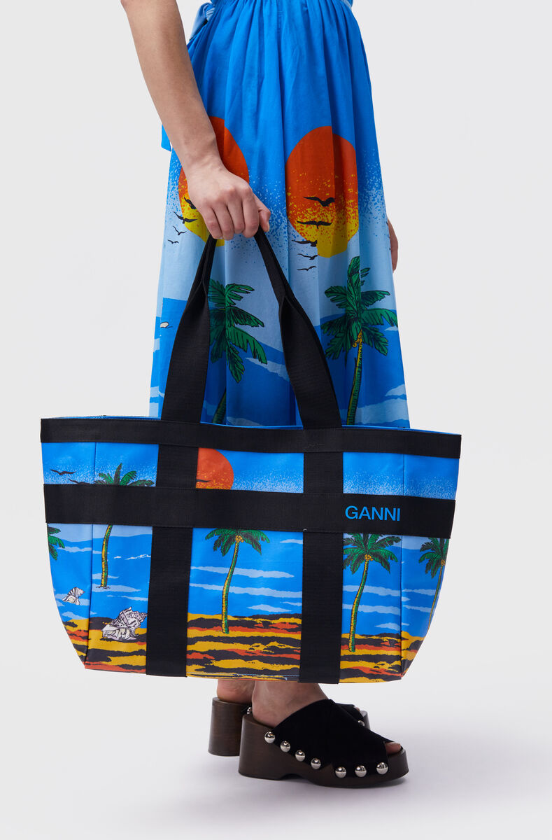 East West Canvas Tote Bag, Cotton, in colour Palm Beach Cloisonne - 2 - GANNI