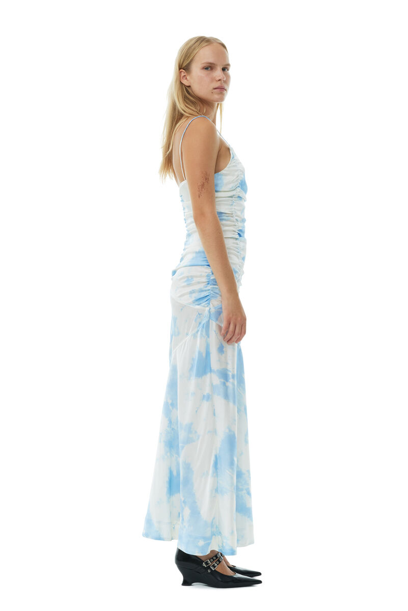 Blue Printed Satin Ruched Long Slip-kjole, in colour Powder Blue - 3 - GANNI