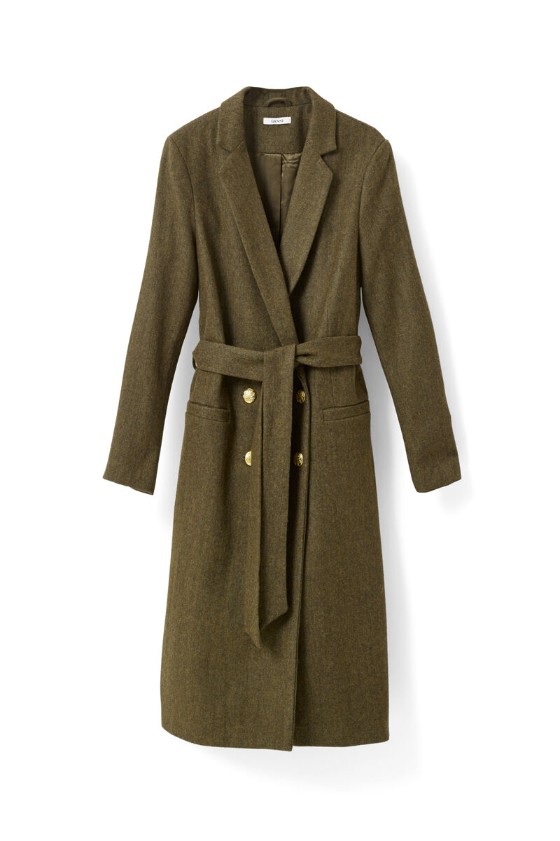 Hawthorne Wool Coat, in colour Dark Olive Melange - 1 - GANNI