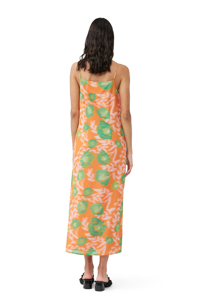 Printed Light Crepe Slip Dress, Recycled Polyester, in colour Vibrant Orange - 2 - GANNI