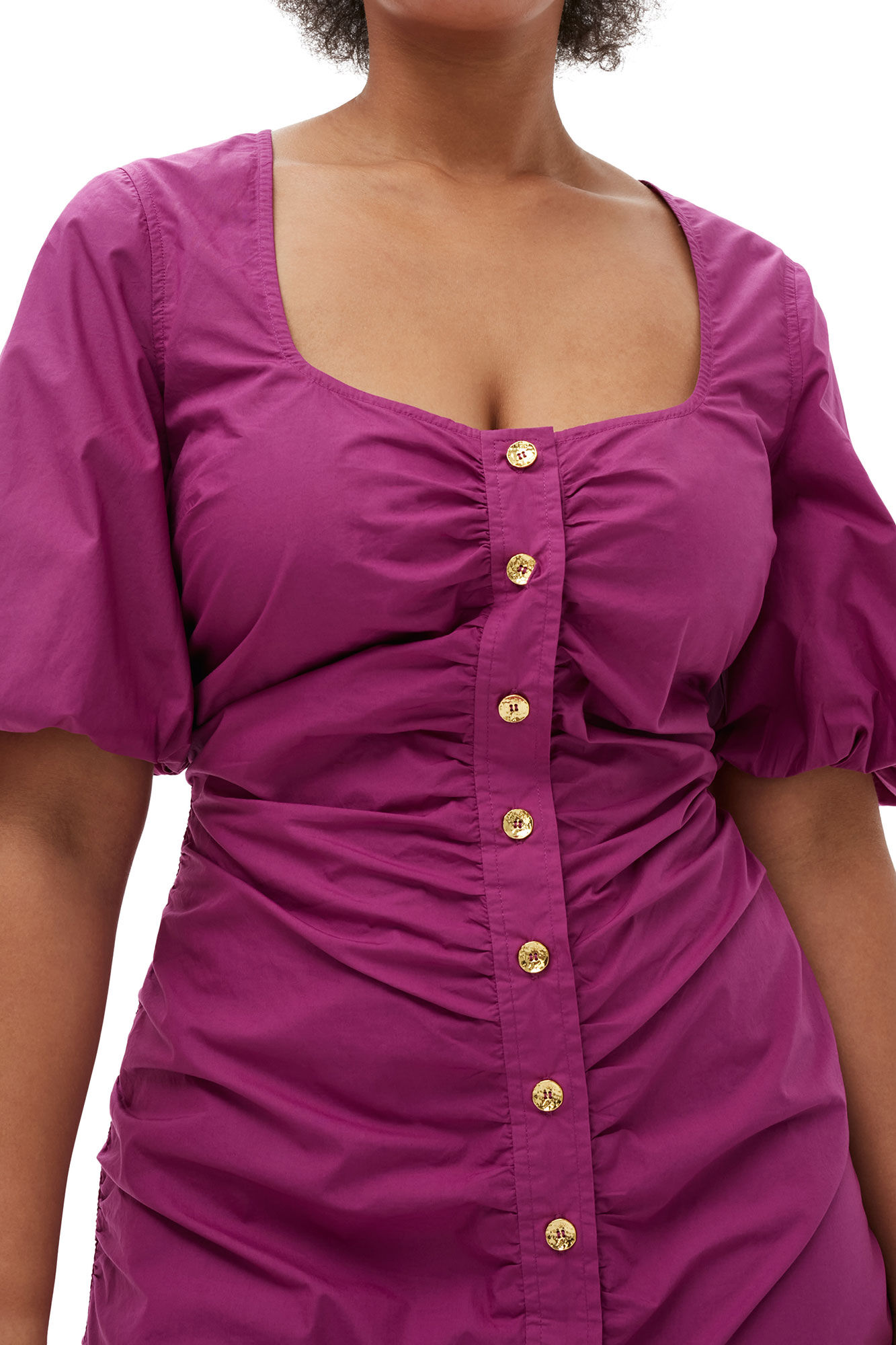Cotton Poplin Gathered Open-neck Maxikjole, Cotton, in colour Purple Wine - 8 - GANNI