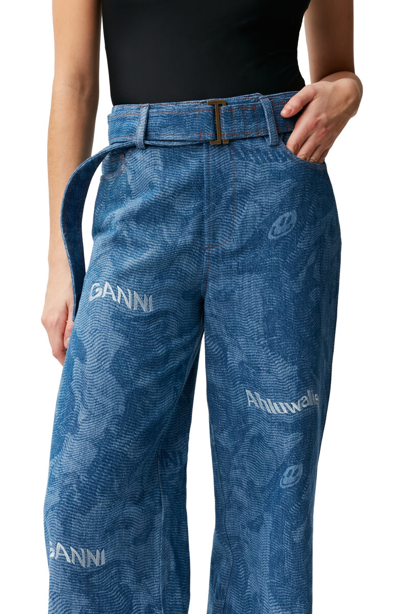 Printed Laser Denim Laser Denim Embroided Mid Waist Belt Pants, Cotton, in colour Light Denim - 4 - GANNI