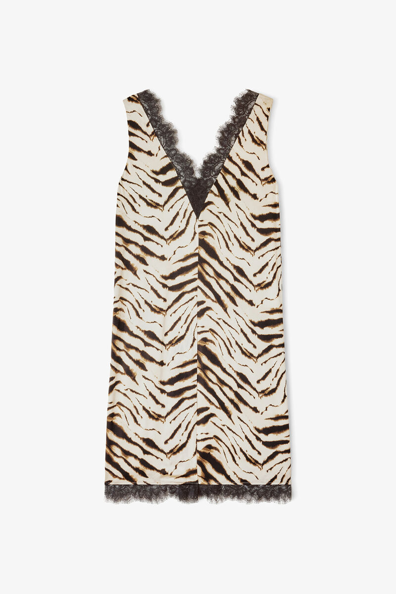 Kjole i zebra satin, Viscose, in colour Egret - 1 - GANNI