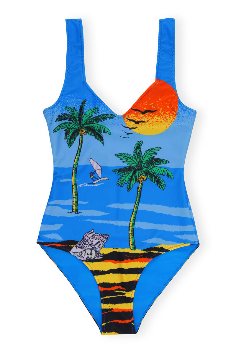 Tief ausgeschnittener Badeanzug, Elastane, in colour Palm Beach Cloisonne - 1 - GANNI