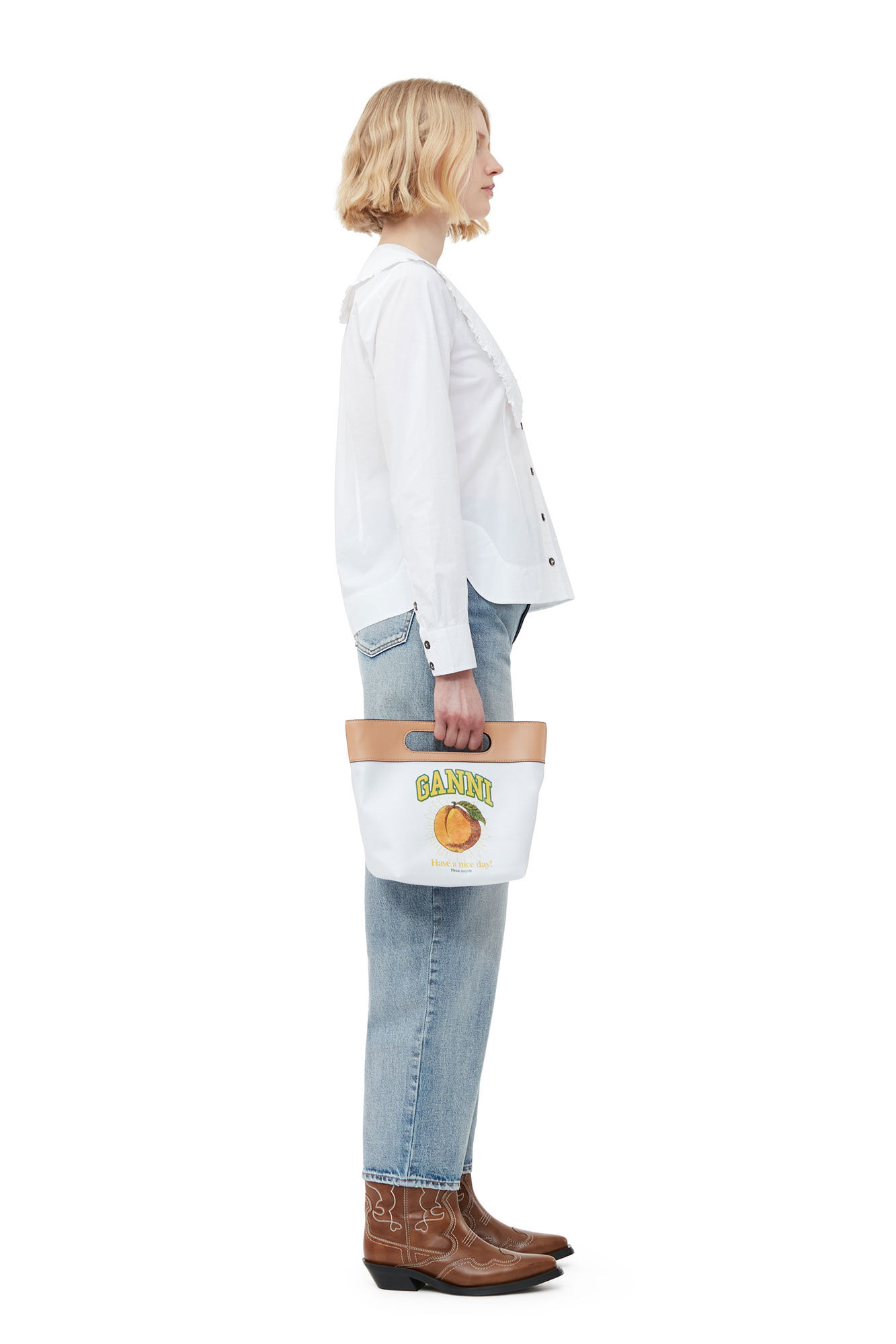 Peach Canvas Small Tote Bag, Recycled Cotton, in colour Egret - 1 - GANNI