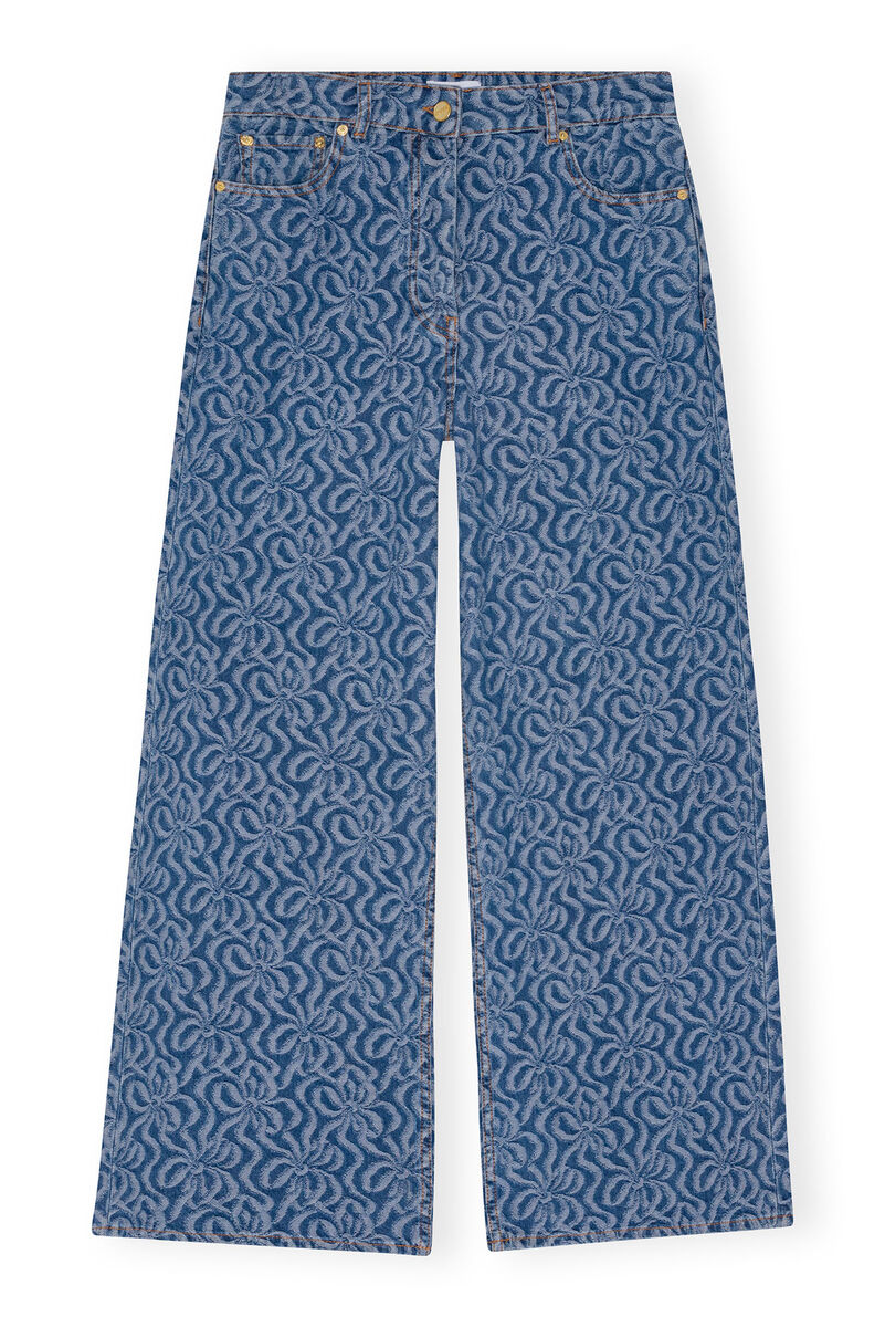 Blue Jacquard Denim Wide Trousers, Cotton, in colour Mid Blue Stone - 1 - GANNI