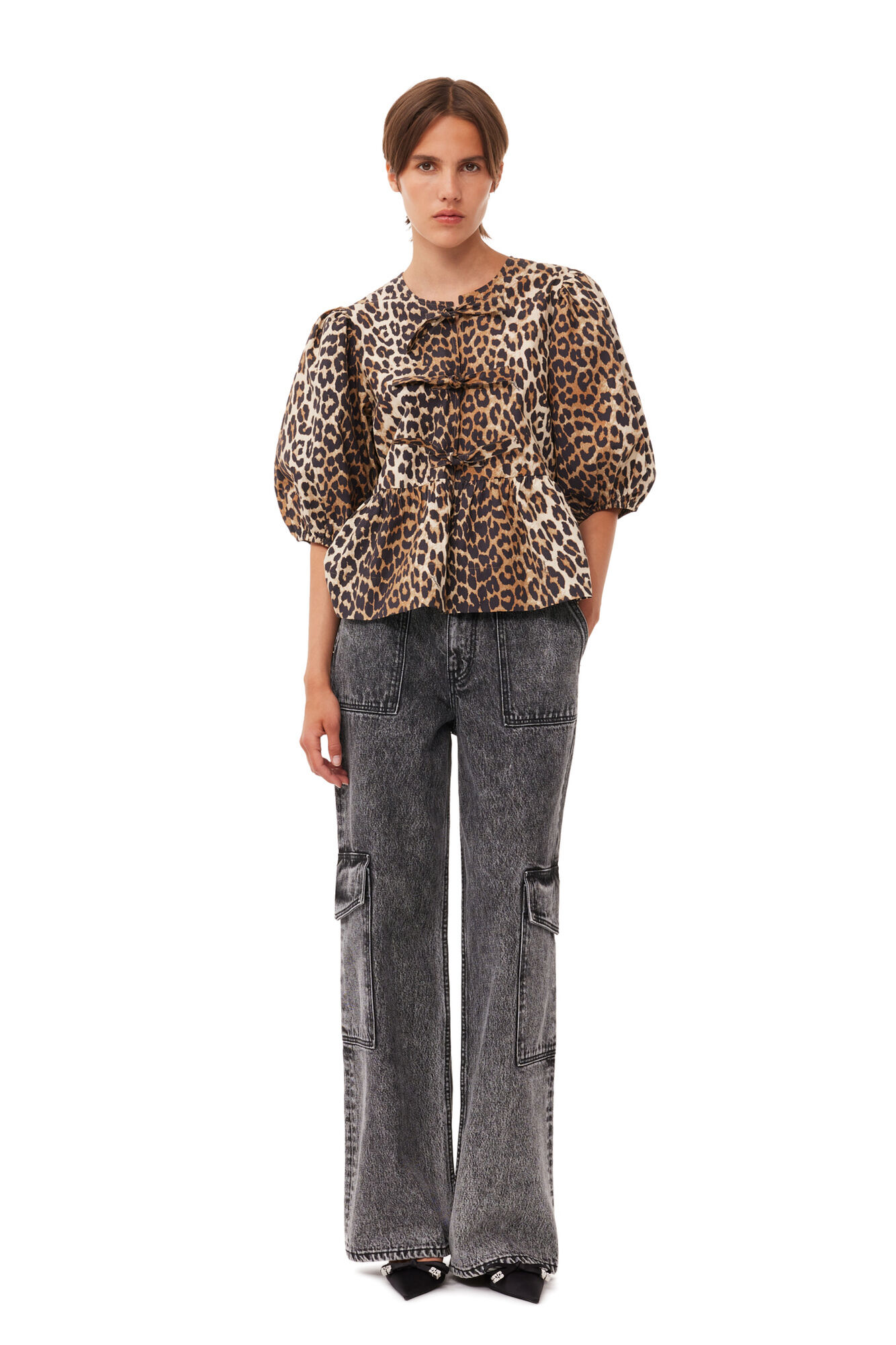 Leopard Leopard Cotton Poplin Peplum Tie Blouse | GANNI NL