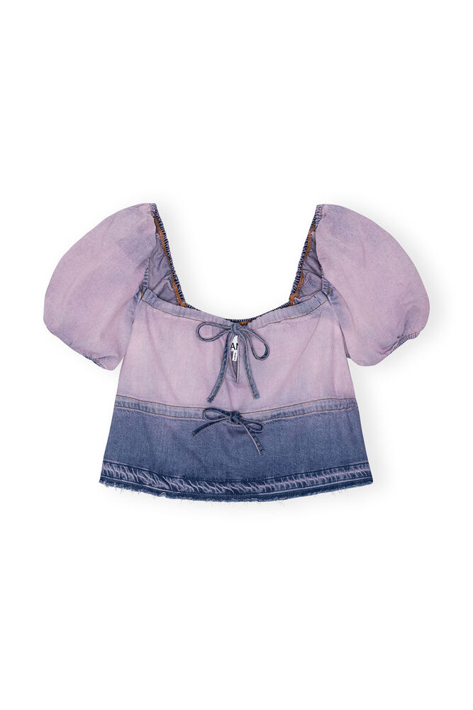 Purple Bleach Future Denim Puff Sleeve Top, Bleach
