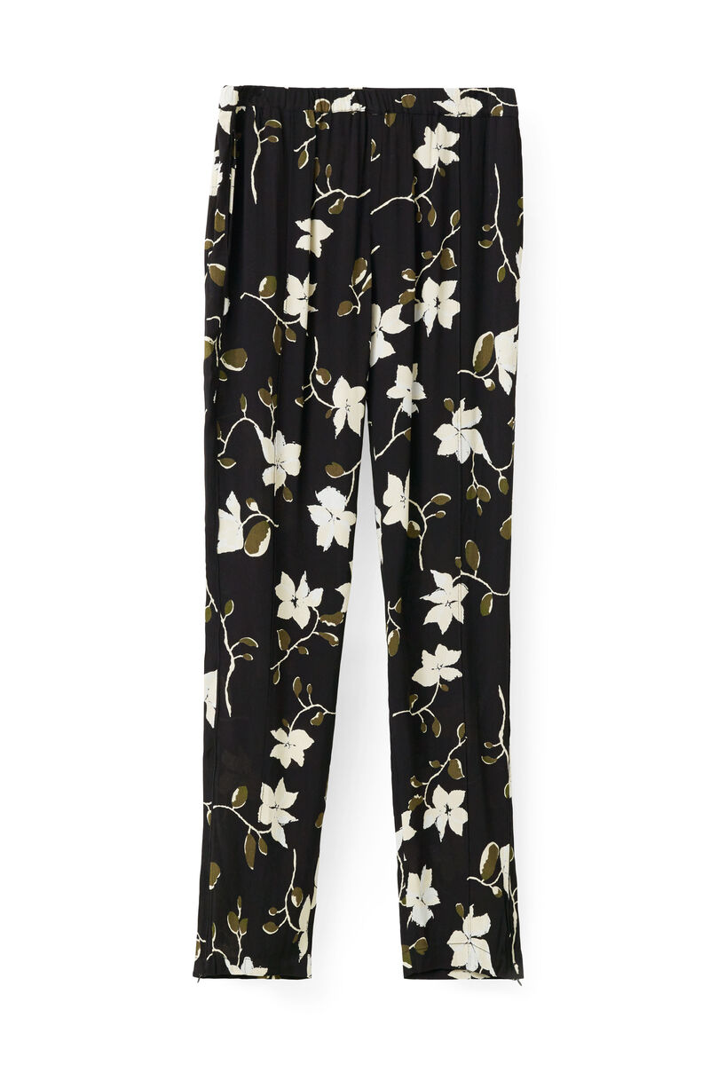 Rosemont Crepe Pants, in colour Black Wild Rose - 1 - GANNI