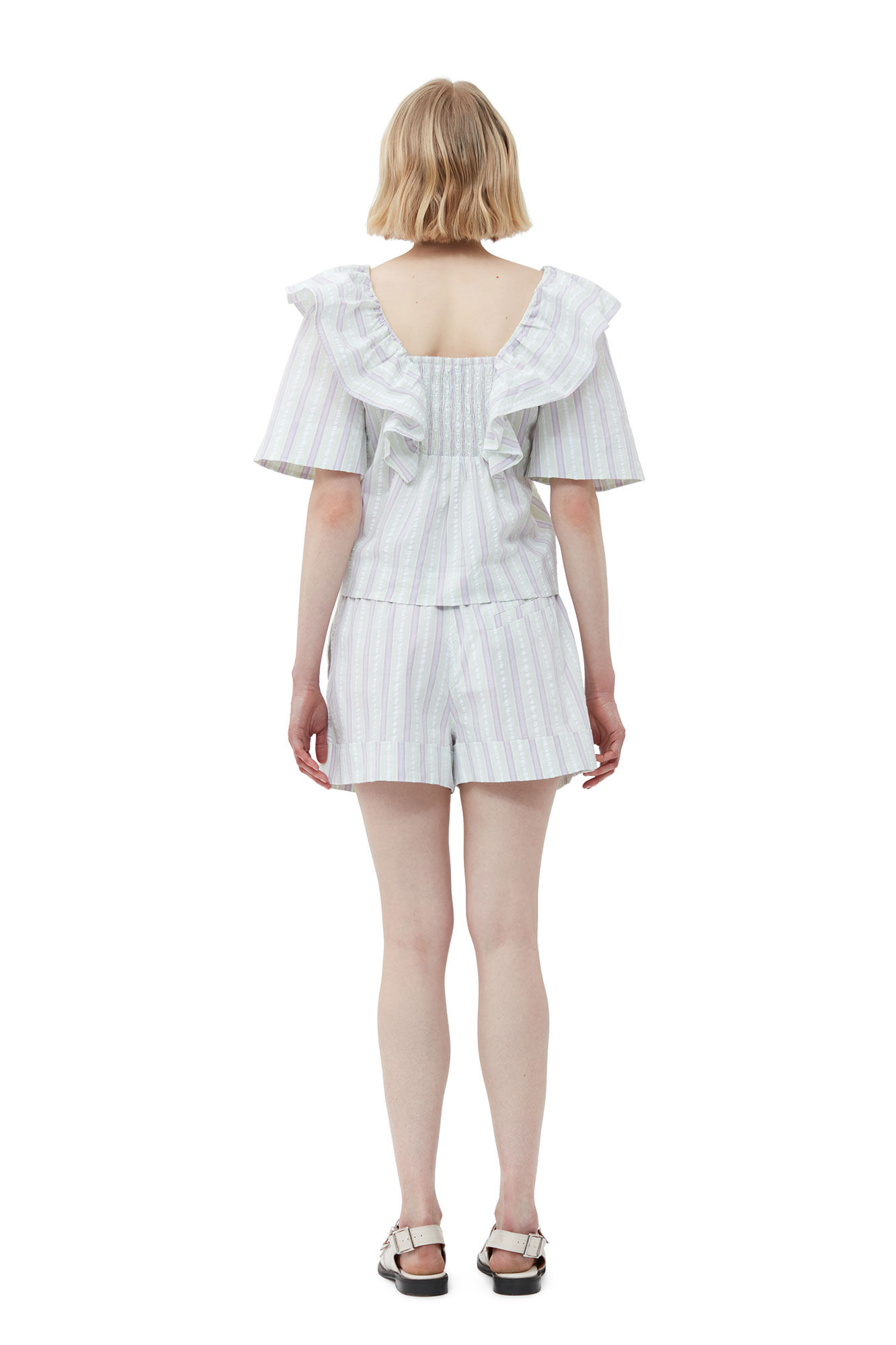 Striped Seersucker blus med krås, Elastane, in colour Mauve Chalk - 2 - GANNI