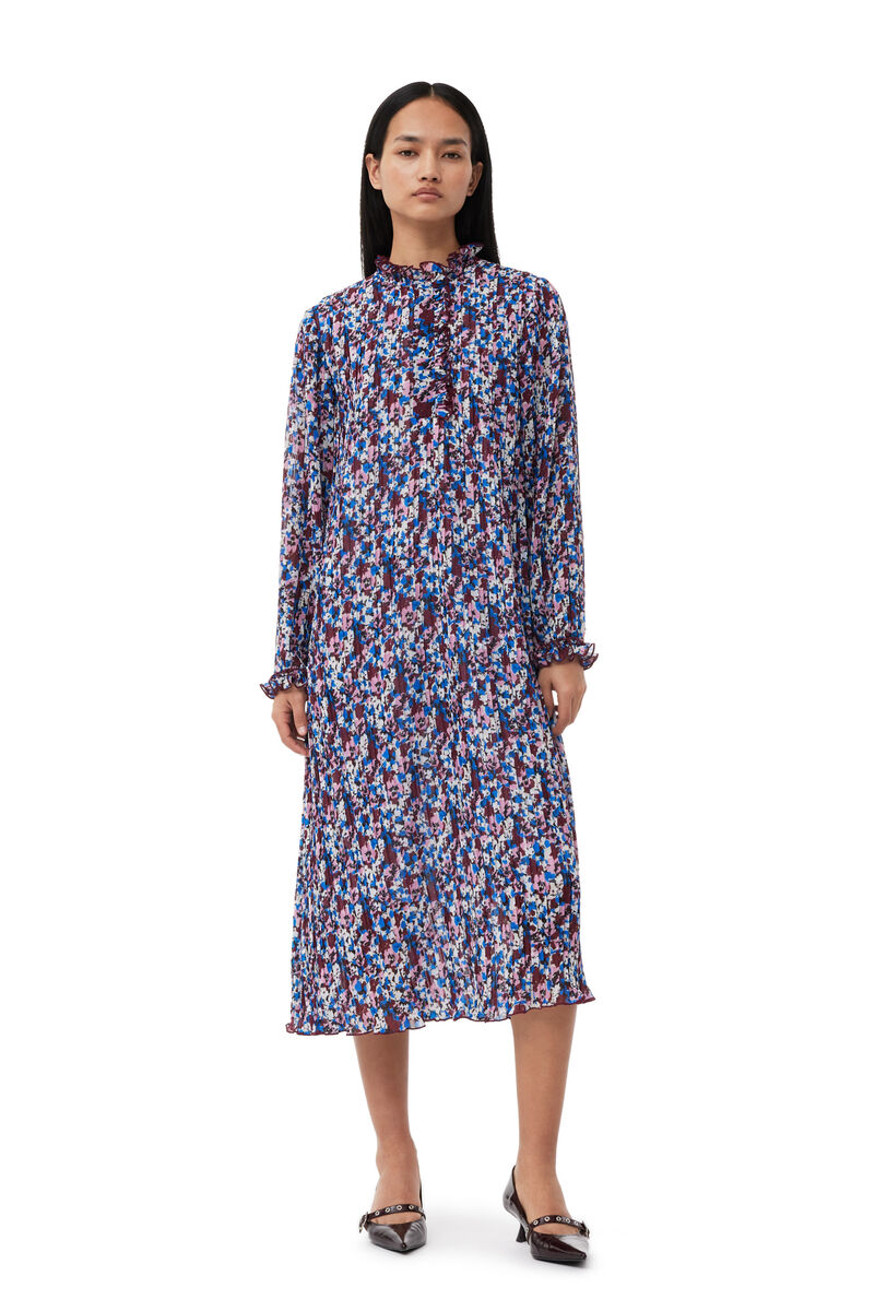 Multicolour Pleated Georgette Midi Dress, Recycled Polyester, in colour Multicolour - 1 - GANNI