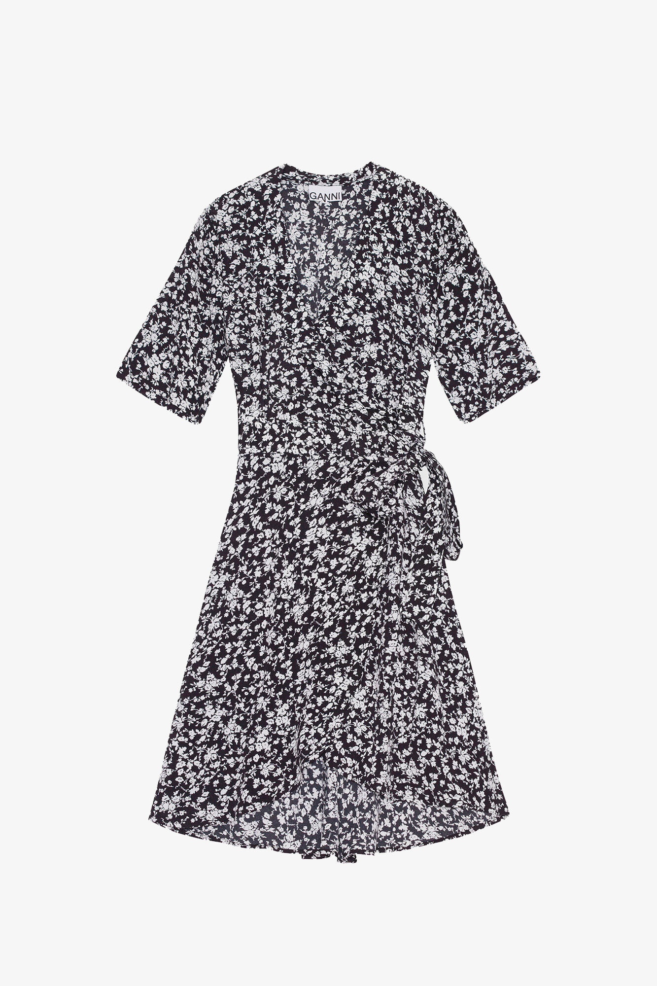 Printed Crepe Wrap Dress, Viscose, in colour Black - 1 - GANNI