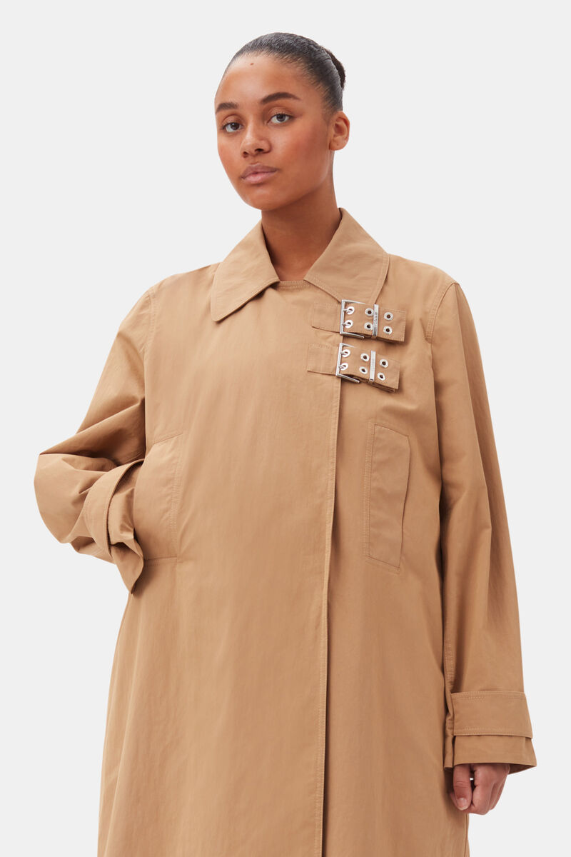 Beige Cotton Twill Buckle Coat, Nylon, in colour Tiger's Eye - 6 - GANNI
