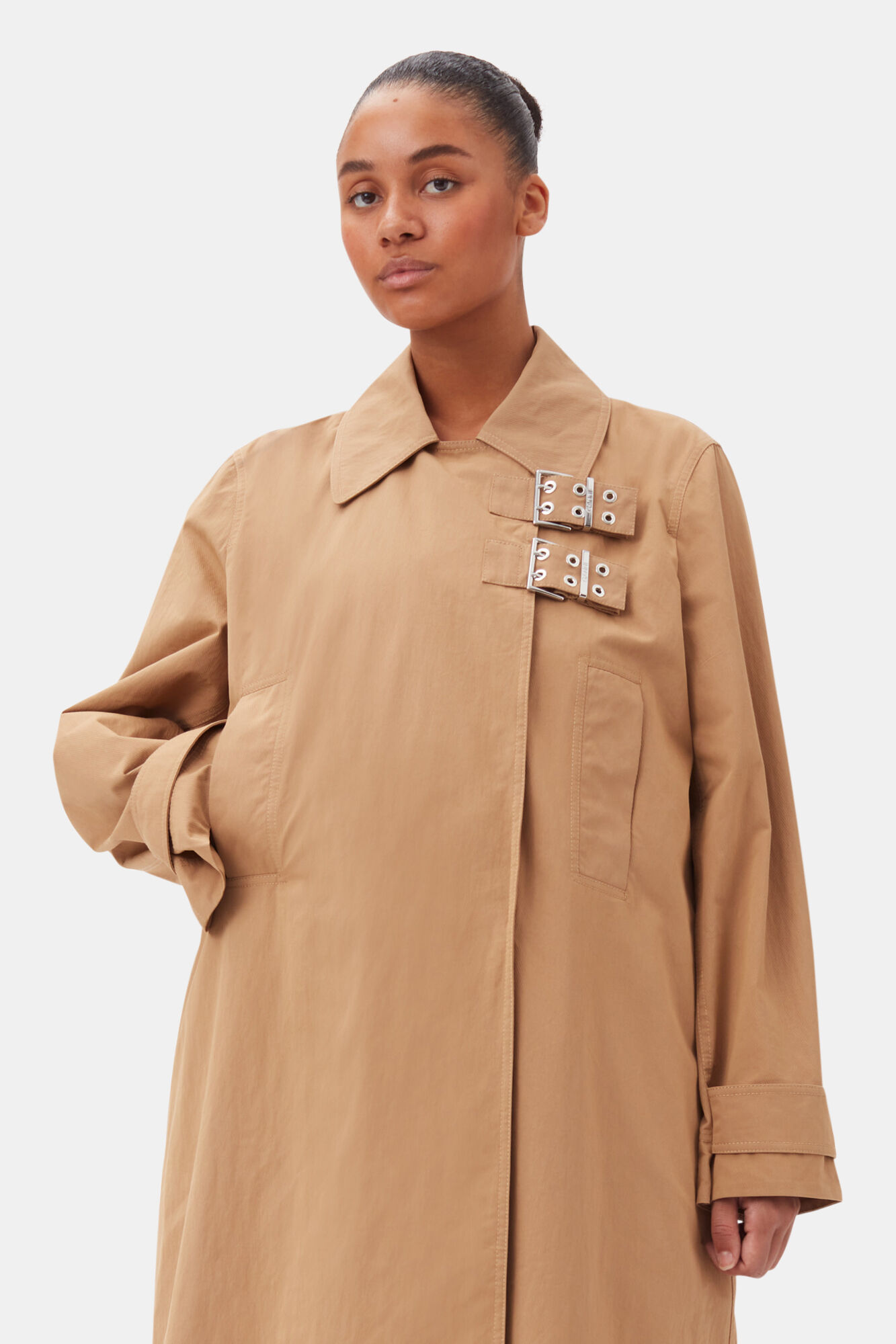 Beige Cotton Twill Buckle Coat, Nylon, in colour Tiger's Eye - 6 - GANNI