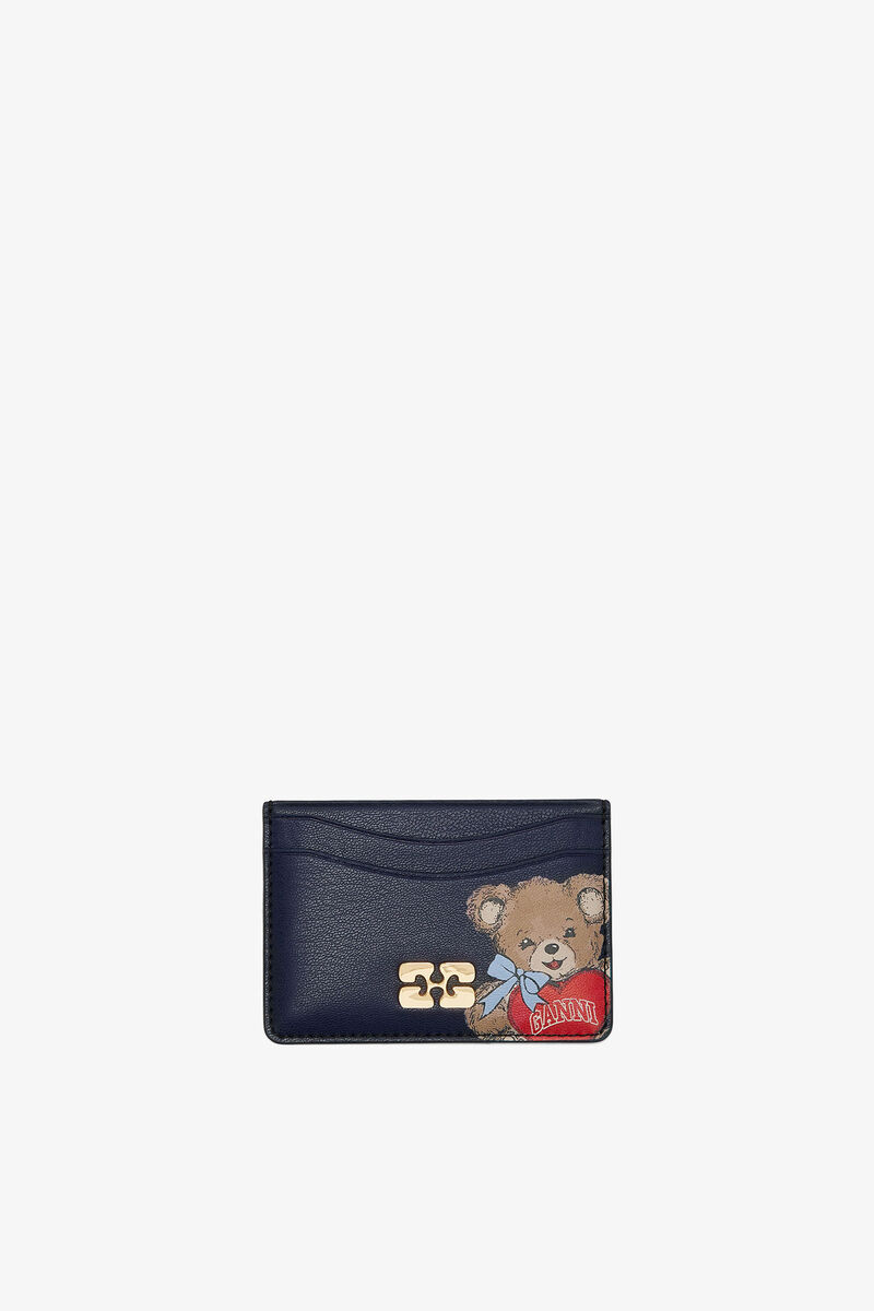 Bou Card Holder with Bear, Recycled Leather, in colour Black/Iris - 1 - GANNI