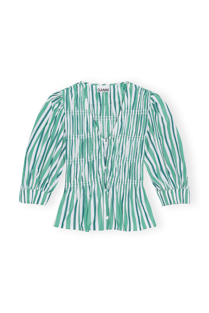 Green Striped V-neckline Fitted blus, Creme de Menthe