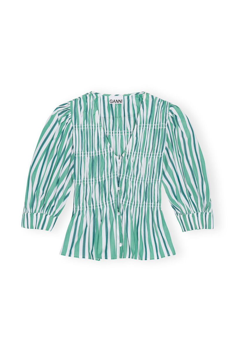Blouse Green Striped V-neckline Fitted, Cotton, in colour Creme de Menthe - 1 - GANNI