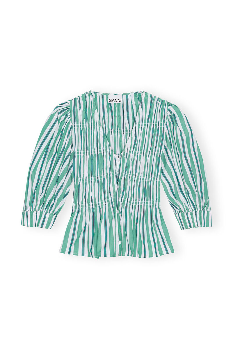 Green Striped V-neckline Fitted Blouse, Cotton, in colour Creme de Menthe - 1 - GANNI