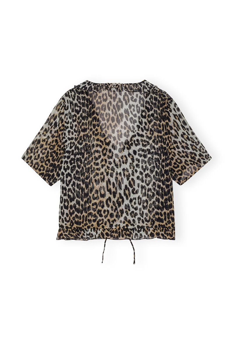 Leopard Printed Chiffon Tie String Blouse, Recycled Polyester, in colour Leopard - 2 - GANNI