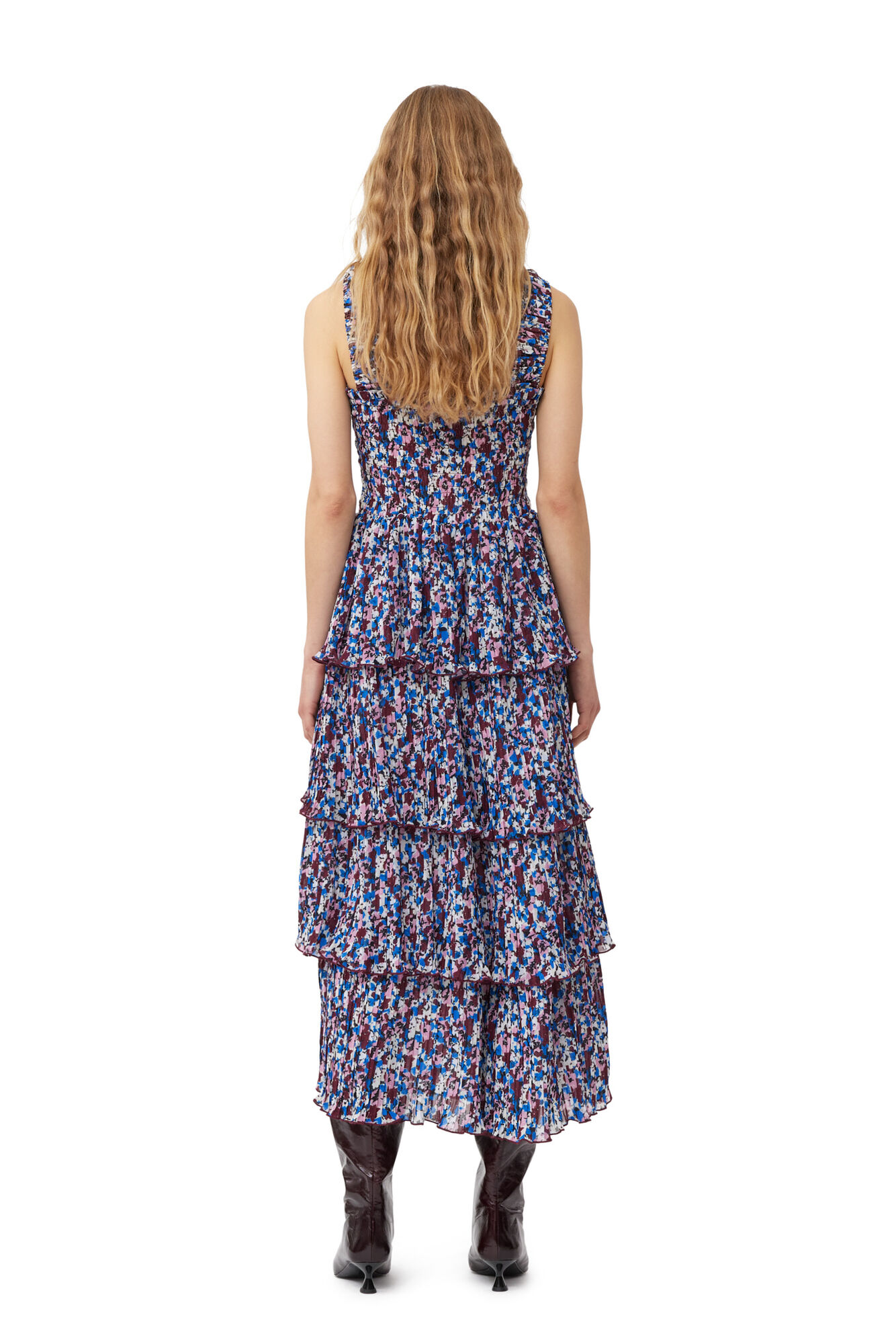 Multicolour Pleated Georgette Flounce Smock Midi Dress, Recycled Polyester, in colour Multicolour - 2 - GANNI