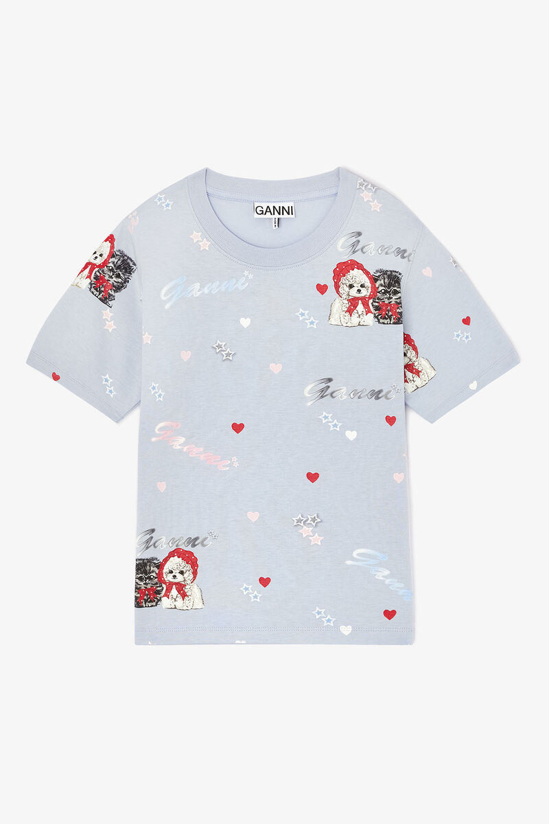 Grey Cropped Animal T-shirt, Cotton, in colour Soft Chambray - 1 - GANNI