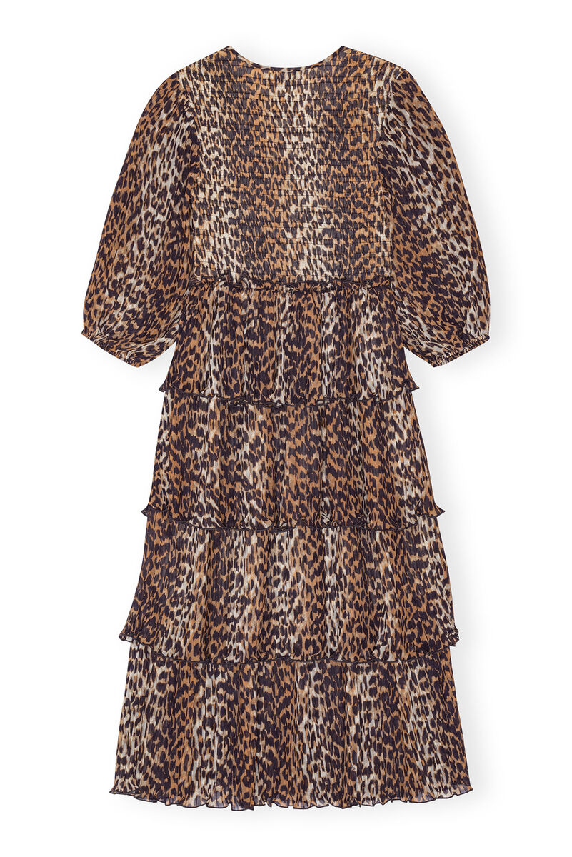 Leopard Pleated Georgette Flounce Smock Midi Dress, Recycled Polyester, in colour Almond Milk - 2 - GANNI
