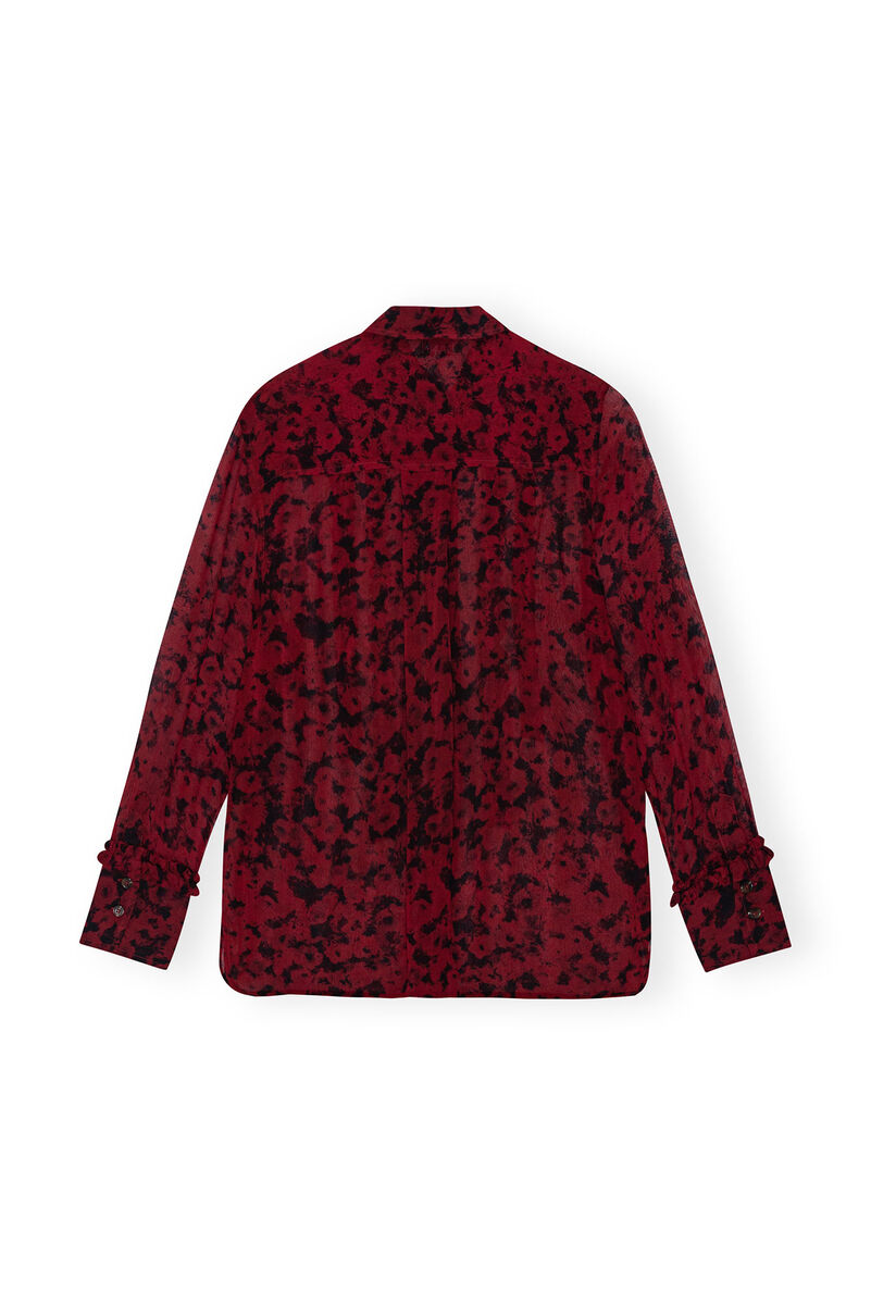 Red Printed Light Georgette Ruffle Shirt, Viscose, in colour Syrah - 2 - GANNI