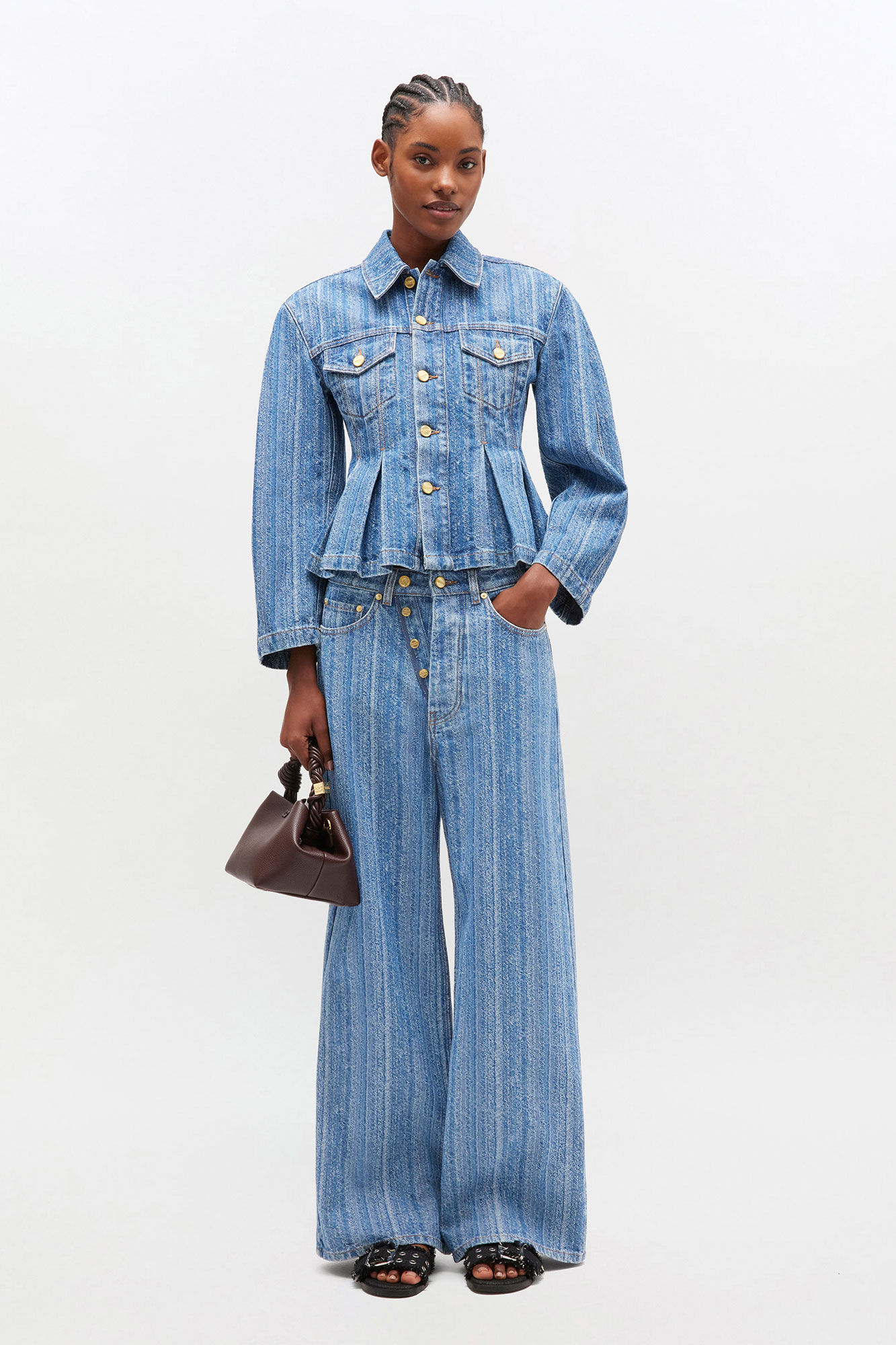 Striped Denim Pleated Jacket, Cotton, in colour Mid Blue Stone - 2 - GANNI