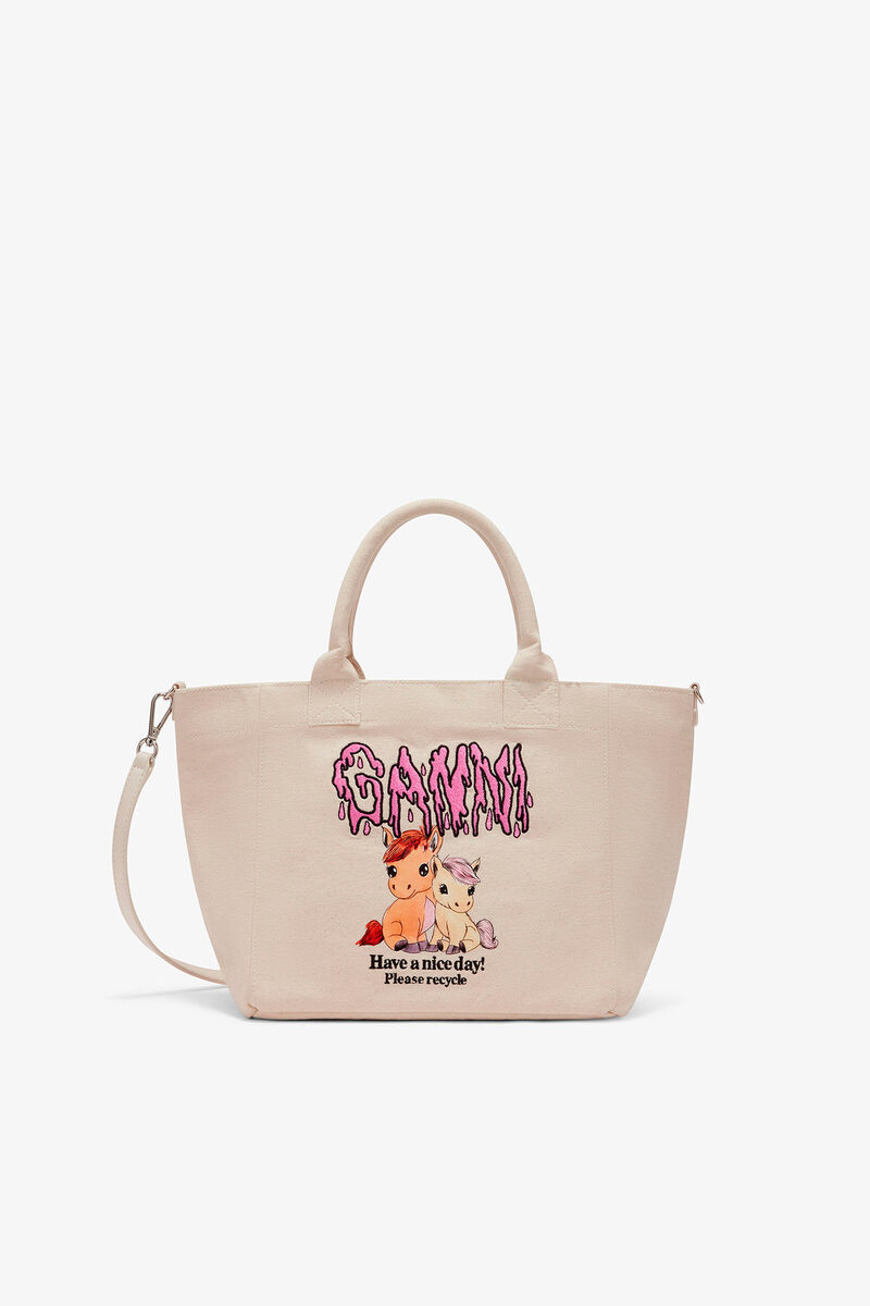 Small Easy Pony Printed Shopper, Recycled Cotton, in colour Egret - 1 - GANNI