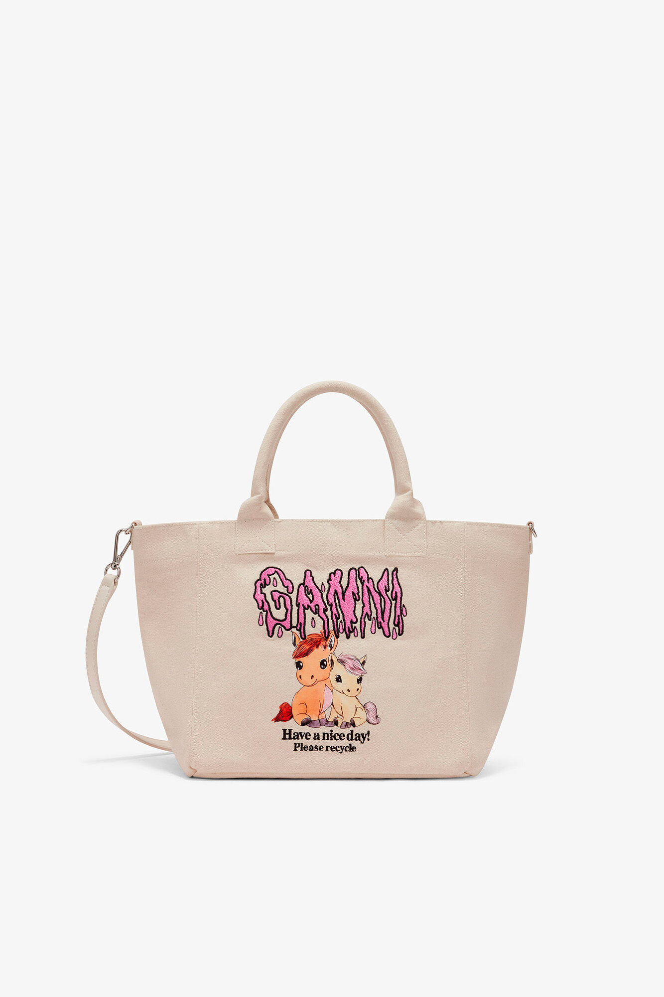 Small Easy Pony Printed Shopper, Recycled Cotton, in colour Egret - 1 - GANNI