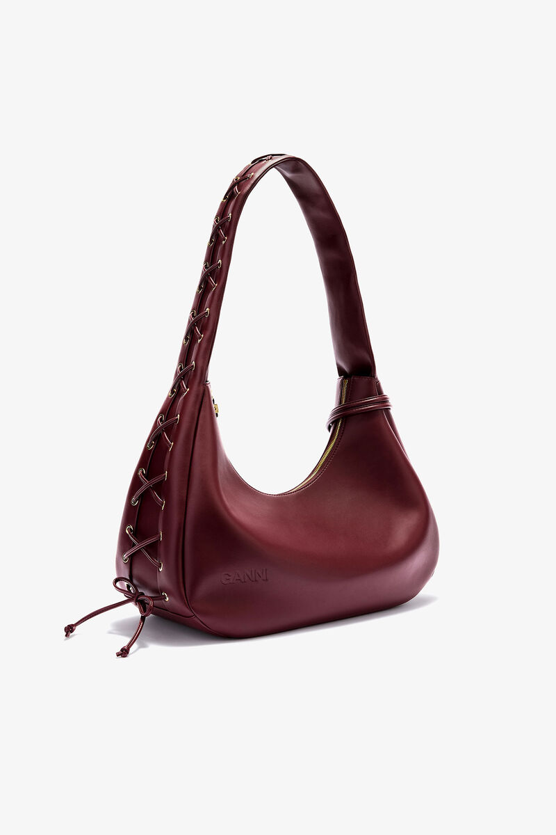 Burgundy Medium Laces Hobo Bag, Polyester, in colour Burgundy - 2 - GANNI