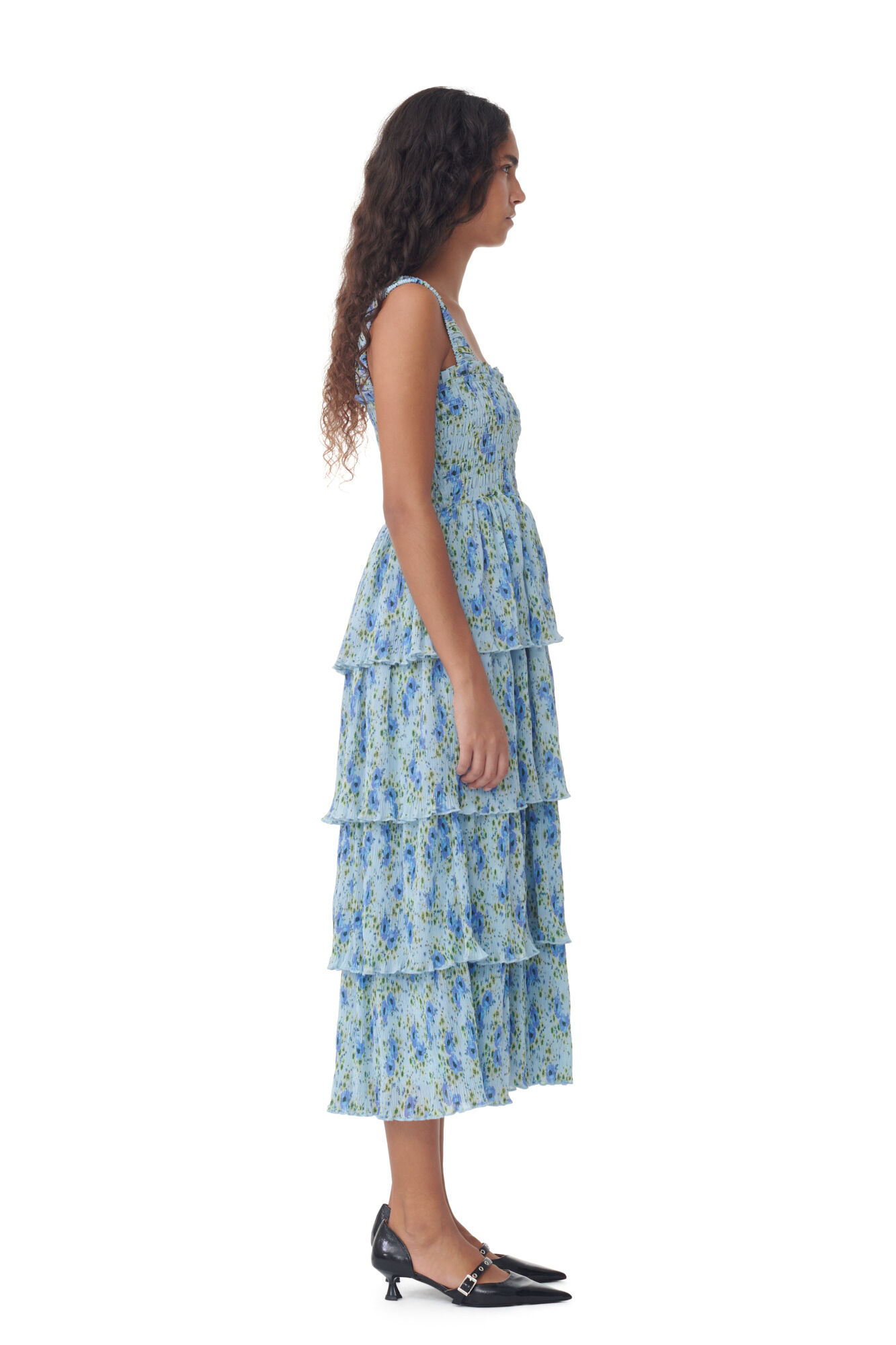 Pleated Georgette Smock Midikjole, Recycled Polyester, in colour Ice Water - 3 - GANNI