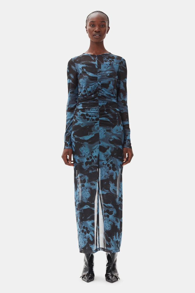 Blue Printed Mesh O-neck Ruched Long Dress, Blue Shadow