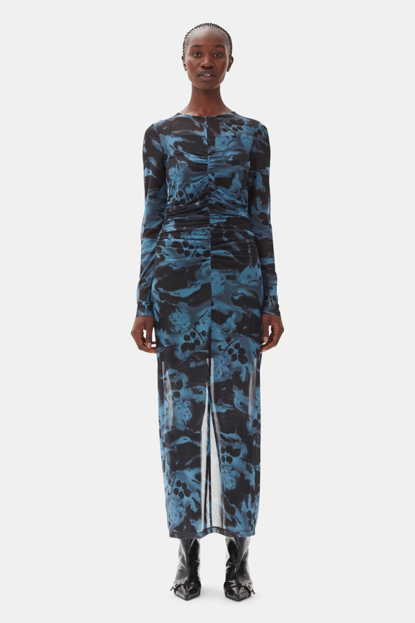 Blue Printed Mesh O-neck Ruched Long Dress, Elastane, in colour Blue Shadow - 1 - GANNI